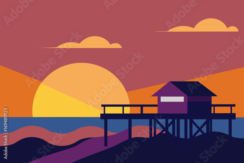 Minimalist flat design of a stilted house on a pier at sunset