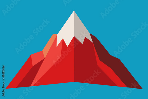 Stylized red mountain peak with white snow cap against a bright blue sky