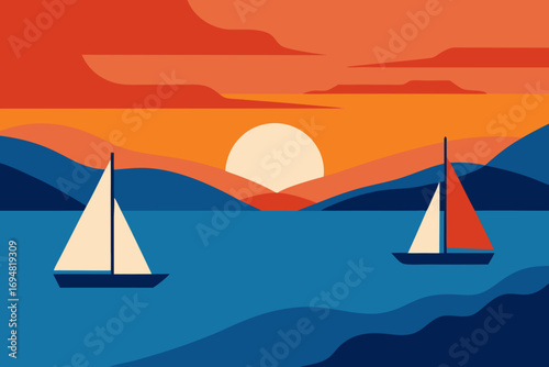 Sailboats on the ocean at sunset with colorful sky and distant hills