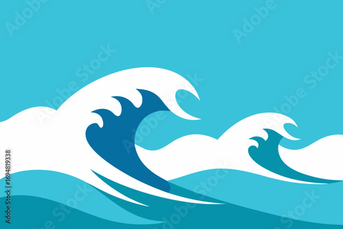 Stylized illustration of crashing blue and white ocean waves against a clear sky