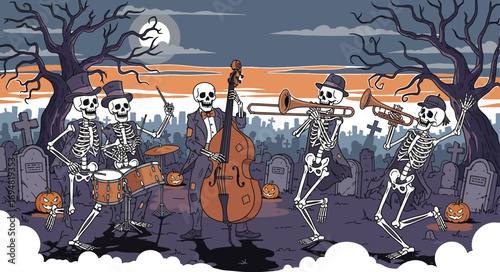 Spooky skeleton band plays jazz in graveyard Halloween night