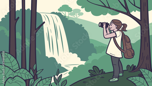 Girl Taking Photograph of Waterfall in Forest – Vector Illustration of Travel, Nature Adventure and Photography Lifestyle