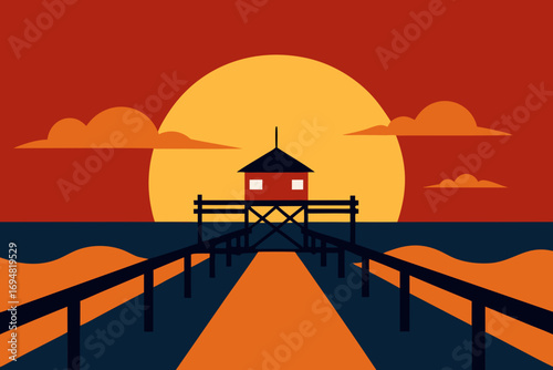 Minimalist flat design of a pier leading to a small house at sunset