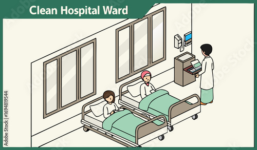 “A clean hospital ward with multiple patient beds, privacy curtains, and nurses attending to patients. IV stands, ECG monitors, and oxygen masks are visible. The walls are white with Urdu and English 