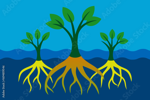 Three stylized trees with visible roots growing in water and soil