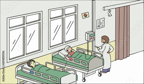 “A clean hospital ward with multiple patient beds, privacy curtains, and nurses attending to patients. IV stands, ECG monitors, and oxygen masks are visible. The walls are white with Urdu and English 