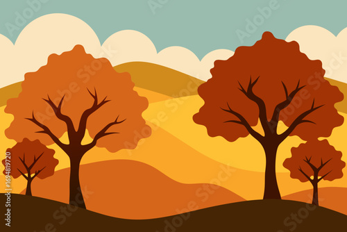 Stylized autumn landscape with orange trees and rolling hills under a cloudy sky