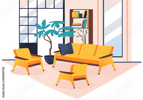 Modern home interior design. Fashionable home decor, sofa, chair, armchairs, carpet and houseplant in a large pot. Apartment items, decor, bookcases, shelves living room, cozy design