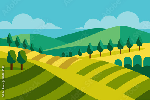 Vibrant flat design landscape with rolling hills and trees under a blue sky