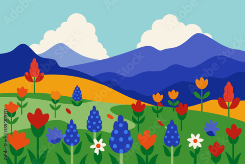 Vibrant abstract landscape with rolling hills and blooming wildflowers under a cloudy sky