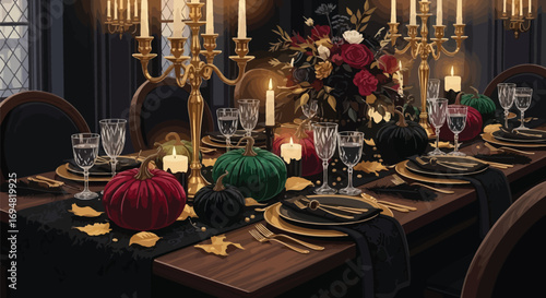 Elegant autumn table setting with pumpkins and gold accents