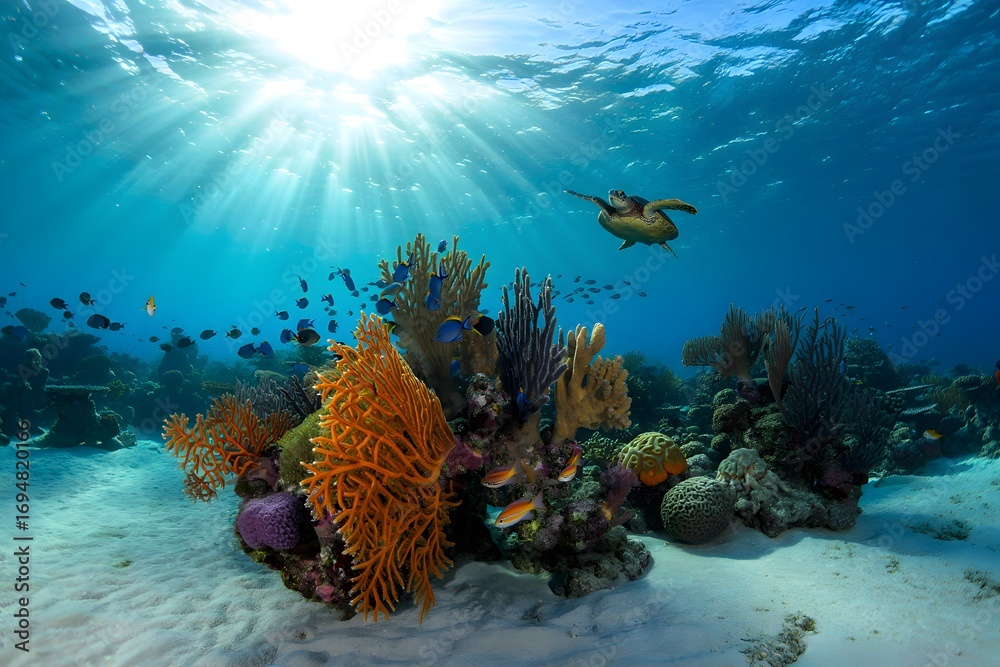 Obraz premium Underwater tropical marine life with colorful coral reefs, fish, and a scuba diver in the Red Sea