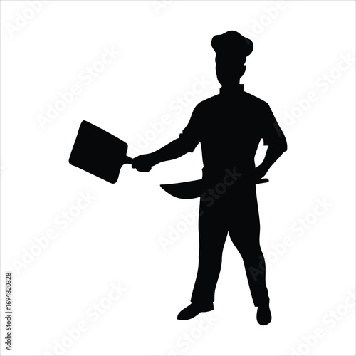 Silhouette of a chef holding a pizza peel and a knife