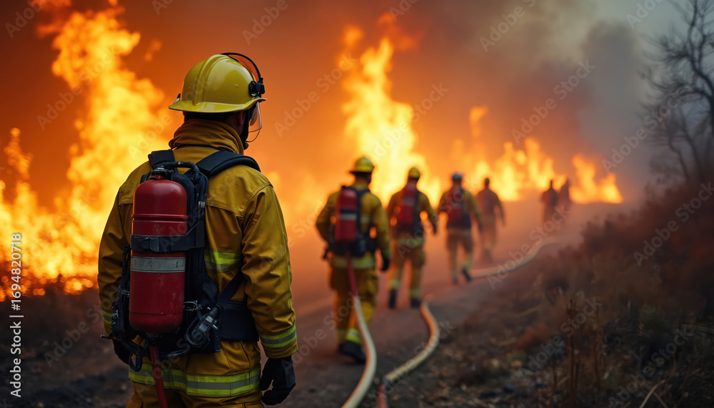 Naklejka premium Firefighters in protective gear battle intense wildfire flames, coordinating critical rescue operation with hoses, equipment. Team demonstrates bravery, commitment, collaboration during dangerous