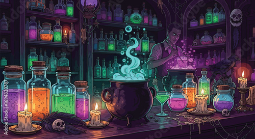 Spooky alchemist brews magical potion in mysterious lab