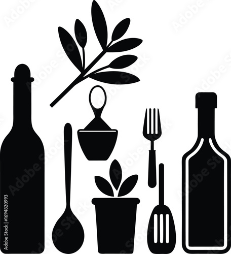 mediterranean kitchen elements with olive oil Vector illustration