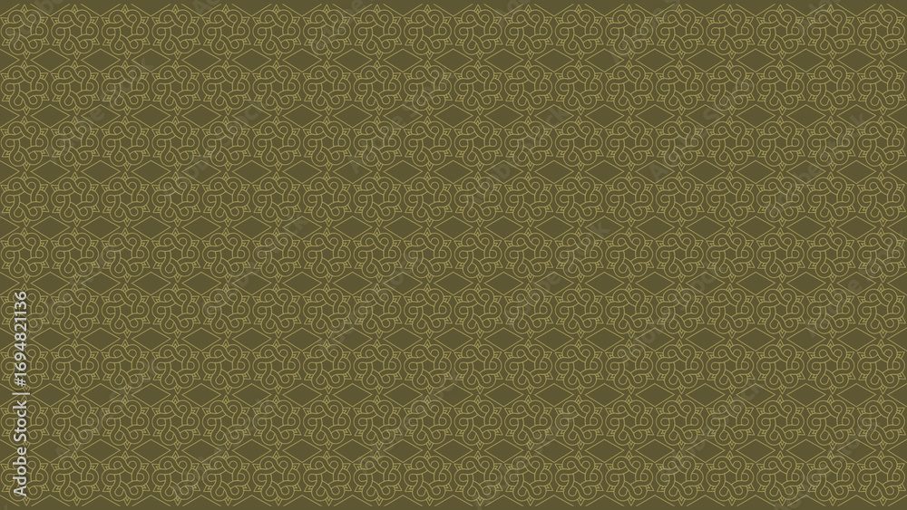 Fototapeta premium Intricate and delicate interlocking linear pattern with a knot-like design in gold on an olive green background, a seamless repeating pattern