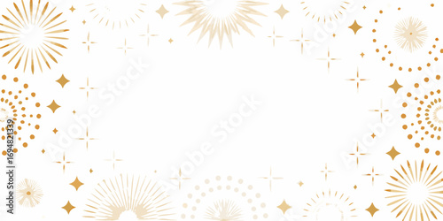 Golden abstract festive fireworks and starbursts border design on a white background