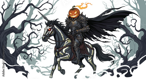 Headless horseman rides skeleton horse through haunted forest