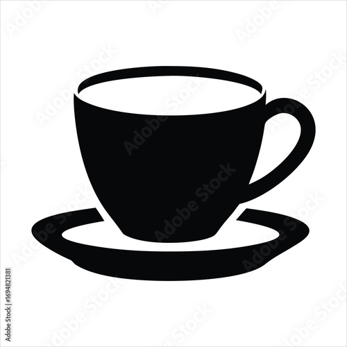 Simple black silhouette of a coffee cup and saucer icon