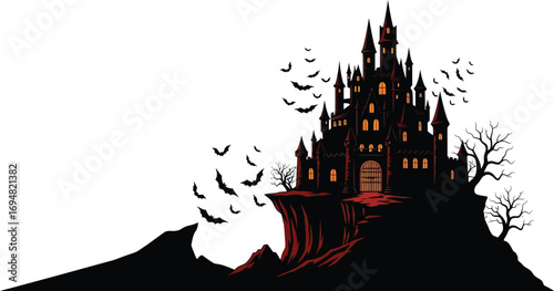 Spooky haunted castle with bats for Halloween designs