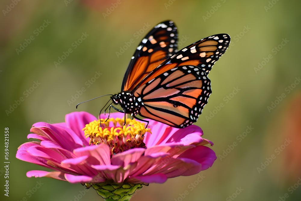 Naklejka premium A monarch butterfly with vibrant orange and black wings feeds on a colorful flower in a summer garden