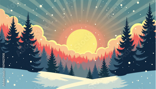Solstice vector poster design with stylized snow-covered pines and the shining Sun on solstice day 