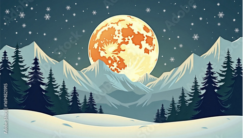 Modern Flat Vector Solstice Festival Poster with Winter trees and Moon symbol 