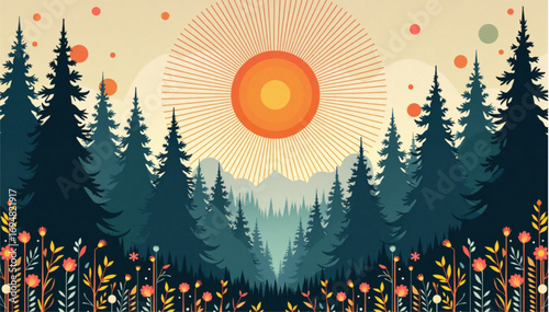 Solstice vector poster featuring an abstract forest pattern and sun rays 