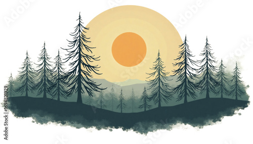 Stylized silhouette of pine trees against a large sun rising over a misty landscape
