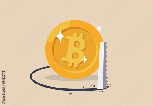 Cryptocurrency market drop, bitcoin collapse and crypto coin price crisis, trading trap or pitfall concept, thief sawing the floor to make bitcoin collapse falling down.