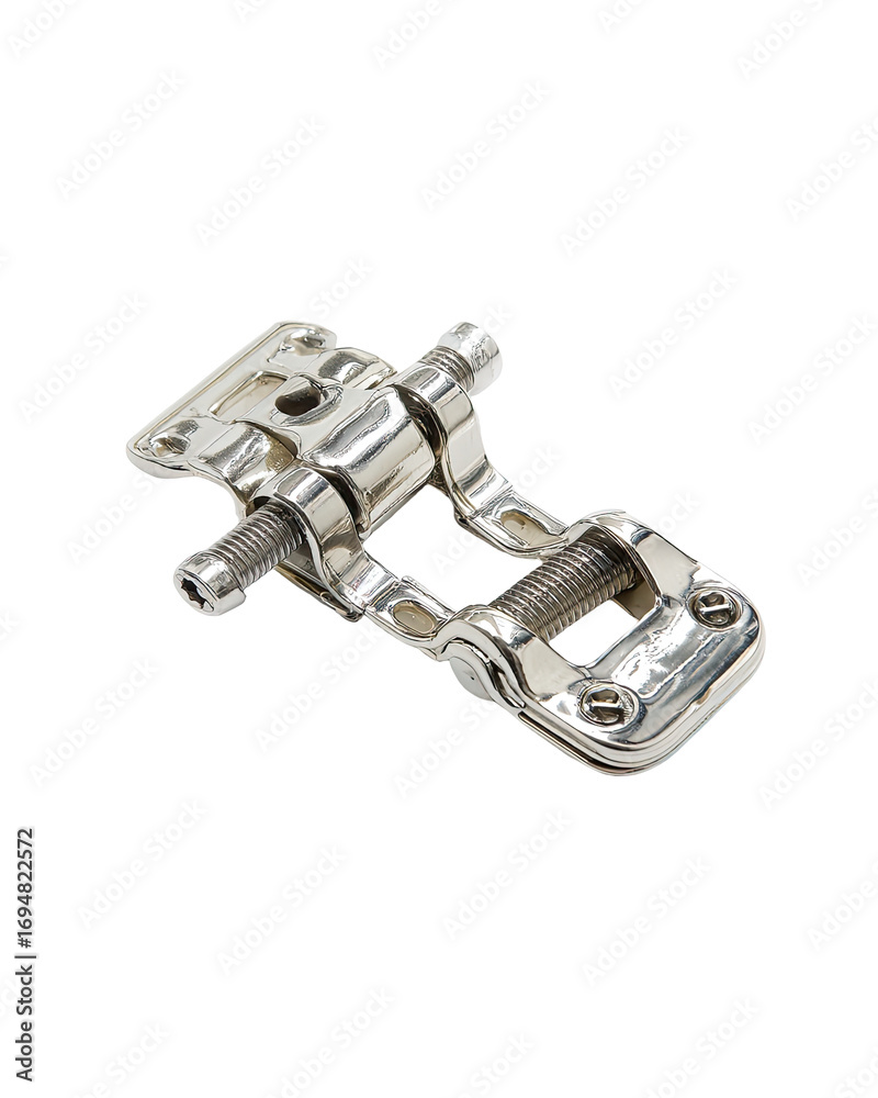 Obraz premium Stainless steel hinge mechanism. A heavy-duty, two-part hinge, featuring linked chain-like elements and threaded adjustments, likely for a door or panel