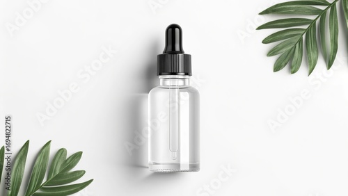Clear matte finish bottle with black dropper cap for beauty serums or oils mockup with green leaves