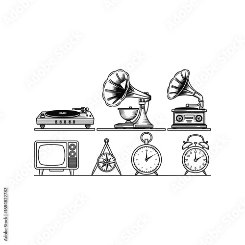 Vintage electronic and timekeeping devices collection line art retro gadgets and clocks for nostalgic design projects