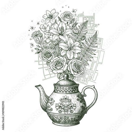 Antique teapot with floral arrangement in vintage sketch style  