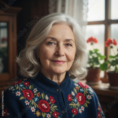 Portrait of an elderly woman in a national traditional costume