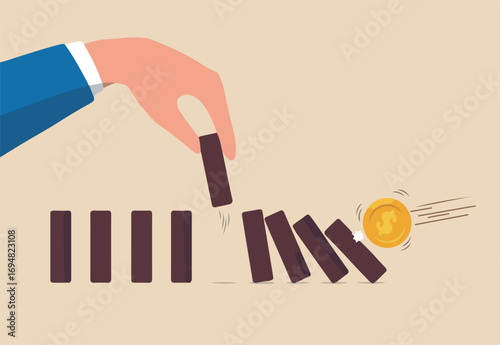 Stop loss or effort to avoid market crash or banking collapse, economic recession, problem prevention, help or rescue concept, businessman hand stop domino effect or financial chain reaction collapse.