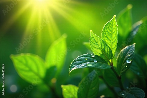 Close-up of vibrant green summer foliage, glistening with morning dew, sunlight dappling through leaves  Perfect for nature, growth, and environmental themes ,  sunlight,  green leaves