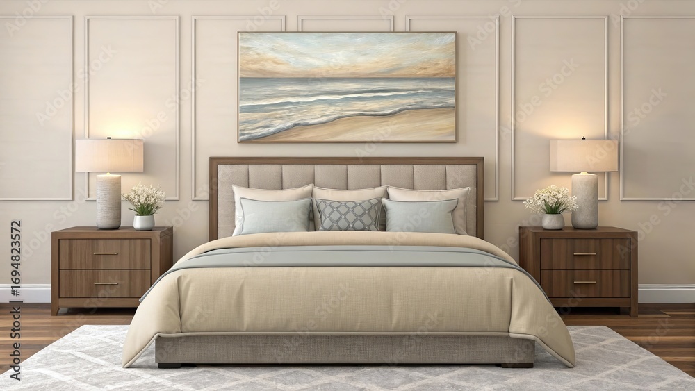 Fototapeta premium Serene bedroom oasis neutral bedding oversized wall art above plush bed