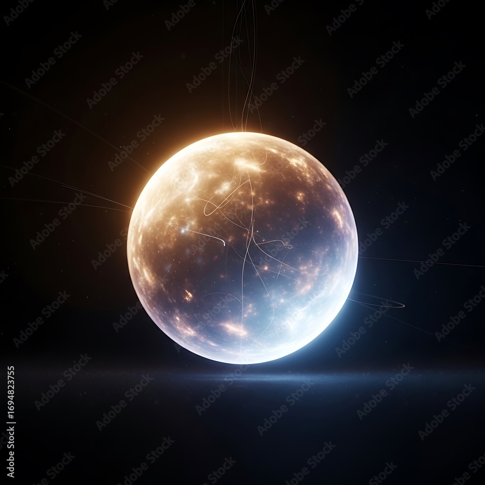 Fototapeta premium A vibrant, glowing sphere, seemingly a celestial body, emanates warmth and light against a dark, star-studded backdrop, with delicate, wispy lines tracing its surface and reaching out into the void.