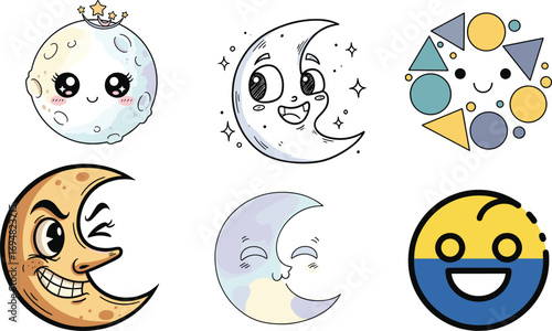 Cute cartoon moon characters, playful crescent moons with various expressions, kawaii moon icons, fun space illustrations, happy and winking moon emojis, colorful vector designs