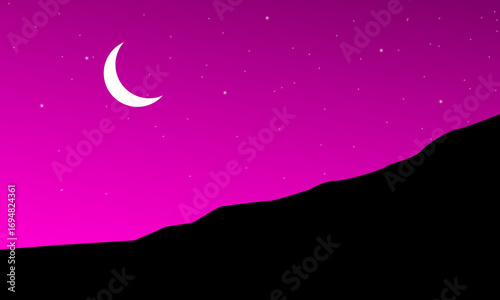 Illustration of natural scenery at night, hills, moon and stars