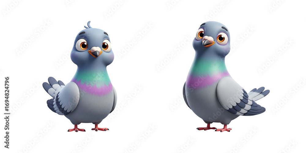 Fototapeta premium Charming cartoon pigeons with blue-gray feathers, iridescent necks, and red feet, perfect for nature themes, children’s books, and wildlife artwork