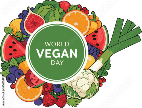 Fresh harvest of assorted fruits and vegetables in a vibrant circular frame. Plant-based nutrition and healthy lifestyle vector graphic isolated on white