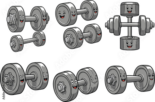 Funny gray dumbbell cartoon characters with faces, gym workout weights illustration, cute fitness icons, vector clipart for strength training, healthy lifestyle designs