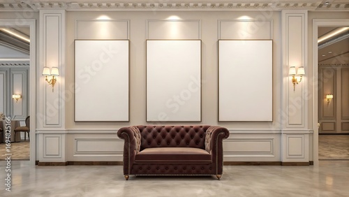 Elegant triptych blank canvases displayed above a luxurious tufted velvet armchair in a sophisticated interior space
