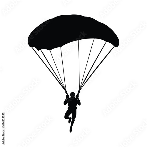 Silhouette of a skydiver descending with a parachute against a white background