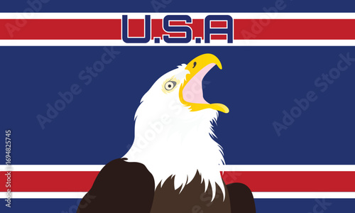 Vector illustration of a bald eagle with the United States flag background. USA America background.