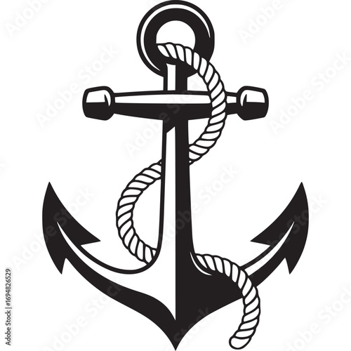 Classic black and white vector illustration of an anchor with rope, isolated on white background, symbol of stability