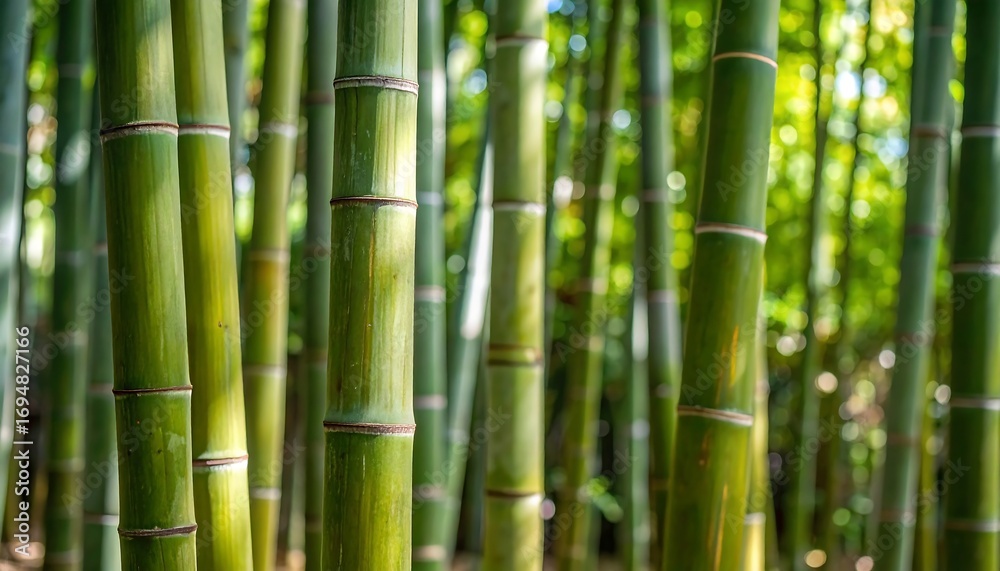 Close-up view showcases a vibrant grove of green bamboo stalks, bathed in sunlight filtering through the surrounding foliage. The image highlights the texture and structure of the bamboo Close-up view showcases a vibrant grove of green bamboo stalks, bathed in sunlight filtering through the surrounding foliage. The image highlights the texture and structure of the bamboo